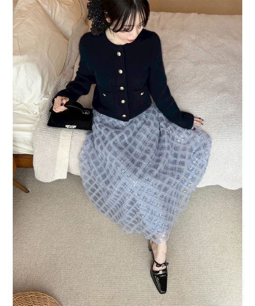 金釦フォックスニットジャケット　ネイビー WEB限定カラー】金釦フォックスニットジャケット（ノーカラー