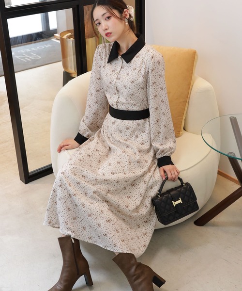 セール】花柄 クレリック リボンベルト付 長袖 ロングワンピース