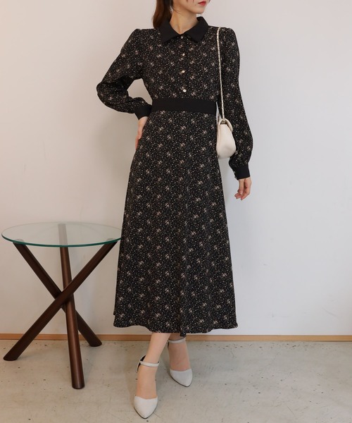 セール】花柄 クレリック リボンベルト付 長袖 ロングワンピース