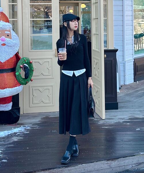 PLACE STUDIO（プレイススタジオ）の「Classic Suede Plaid Pleated Midi Skirt [Black]（スカート・レディース・ブラック・FREE）」の6枚目の写真