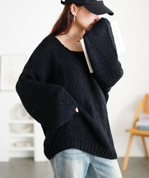 GOLDJAPAN（ゴールドジャパン）の「ラウンドネックローゲージニット【大きいサイズ対応】（ニット/セーター・レディース・ブラック/ブルーグレー・LL/3L/4L/5L）」の2枚目の写真