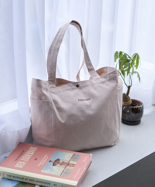 AMERICANA（アメリカーナ）の「Americana × Firsthand/アメリカーナ 別注 エンブロイダリー トート M / サイドポケット付き トートバッグ / A4収納可能（トートバッグ・レディース・ブルーグリーン/ダークブラウン/ピンク/レモンイエロー・FREE）」の4枚目の写真