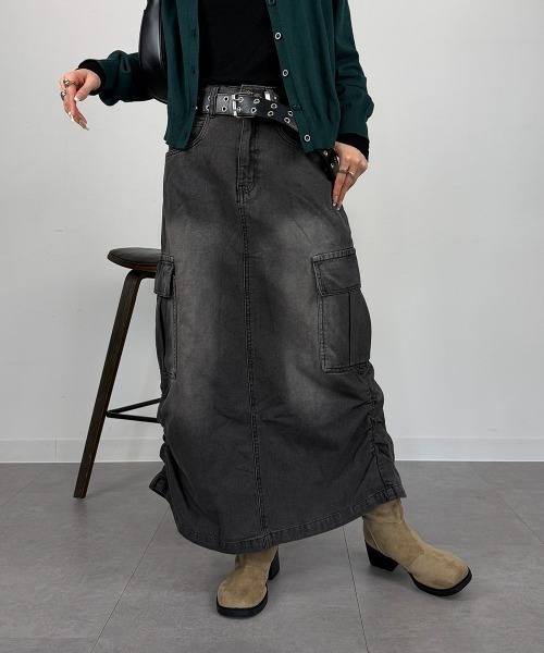 mellomela.(メロメラ)の「デニムカーゴ ロングスカート(デニムスカート・レディース・ブルー系その他3/グレー系その他6・L/M)」の1枚目の写真