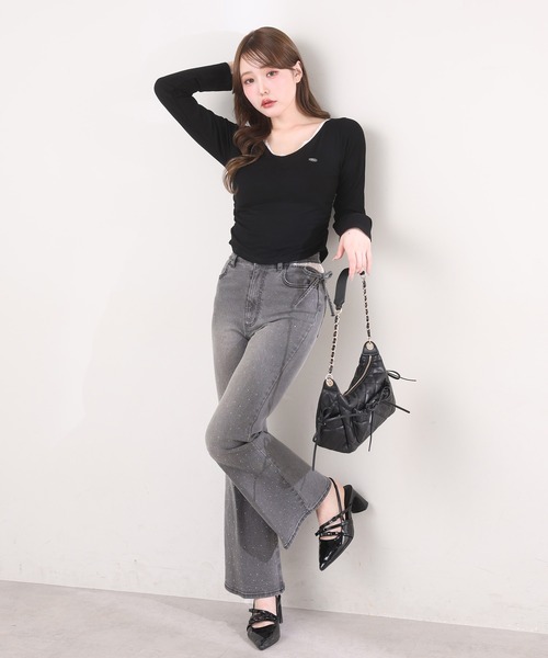 S/Mサイズ展開】サイドカット美脚ビジューデニムパンツ（デニムパンツ