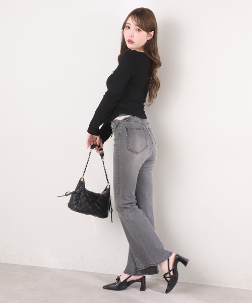 選べる4サイズ展開】サイドカット美脚ビジューデニムパンツ（デニム