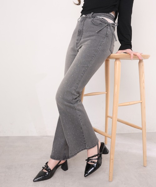セール】【選べる4サイズ展開】サイドカット美脚ビジューデニムパンツ