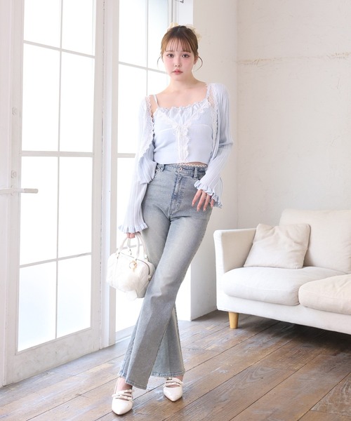 セール】【選べる4サイズ展開】サイドカット美脚ビジューデニムパンツ