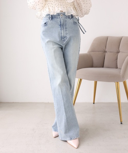 NICE CLAUP サイドカット美脚ビジューデニムパンツ セール】【選べる4サイズ展開】サイドカット美脚ビジューデニムパンツ