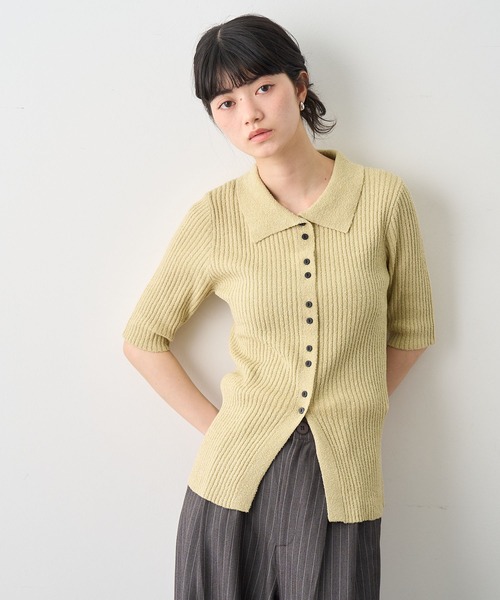 NOGLE(ノグル)の「【NOGLE/ノグル】半袖サマーブークレリブニットポロカーディガン(カーディガン/ボレロ・レディース・ピンク/イエロー/チャコールグレー/ブルー/グレー/イエロー系/アイボリー・FREE)」の6枚目の写真