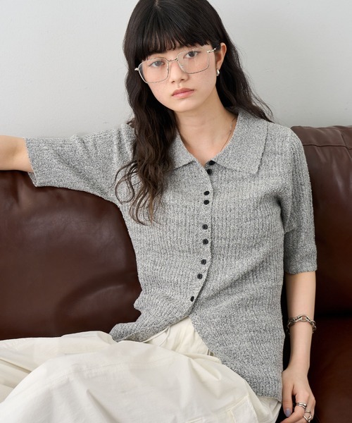 NOGLE(ノグル)の「【NOGLE/ノグル】半袖サマーブークレリブニットポロカーディガン(カーディガン/ボレロ・レディース・ピンク/イエロー/チャコールグレー/ブルー/グレー/イエロー系/アイボリー・FREE)」の4枚目の写真
