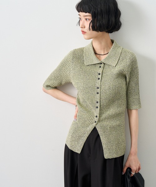 NOGLE(ノグル)の「【NOGLE/ノグル】半袖サマーブークレリブニットポロカーディガン(カーディガン/ボレロ・レディース・ピンク/イエロー/チャコールグレー/ブルー/グレー/イエロー系/アイボリー・FREE)」の5枚目の写真