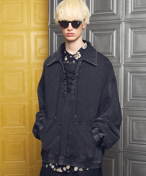 UNISEX》Fade Half Lace-up Prime-Over Collared Sweatshirt/フェード
