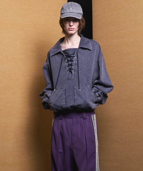UNISEX》Fade Half Lace-up Prime-Over Collared Sweatshirt/フェード