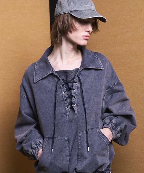 メゾンスペシャル フェードハーフレースアッププライムオーバー襟付きスウェット UNISEX》Fade Half Lace-up Prime-Over Collared Sweatshirt/フェード