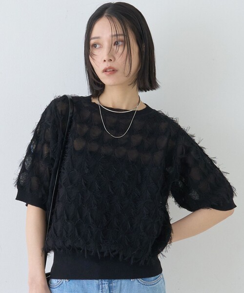 Rouge vif Anna（ルージュヴィフアンナ）の「ドットシアーフリンジニット（ニット/セーター・レディース・オフホワイト/ブラック/モスグリーン・フリー）」の3枚目の写真