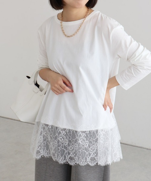 Pierrot(ピエロ)の「裾レースドッキングカットソー(Tシャツ/カットソー・レディース・ライトグレー/オフホワイト/ブラック・L/M)」の2枚目の写真