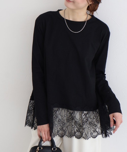 Pierrot(ピエロ)の「裾レースドッキングカットソー(Tシャツ/カットソー・レディース・ライトグレー/オフホワイト/ブラック・L/M)」の3枚目の写真
