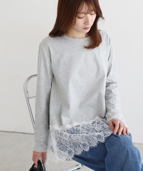 Pierrot(ピエロ)の「裾レースドッキングカットソー(Tシャツ/カットソー・レディース・ライトグレー/オフホワイト/ブラック・L/M)」の5枚目の写真