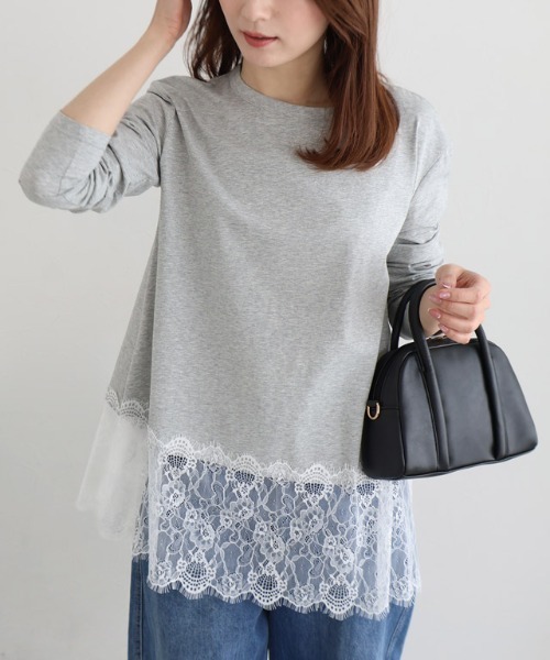 Pierrot(ピエロ)の「裾レースドッキングカットソー(Tシャツ/カットソー・レディース・ライトグレー/オフホワイト/ブラック・L/M)」の6枚目の写真
