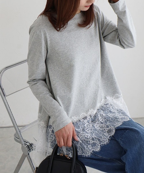 Pierrot(ピエロ)の「裾レースドッキングカットソー(Tシャツ/カットソー・レディース・ライトグレー/オフホワイト/ブラック・L/M)」の4枚目の写真