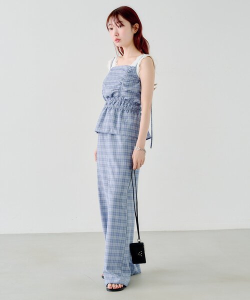 Kastane(カスタネ)の「【低身長サイズ/2サイズ展開】チェックギャザーサロペット(サロペット/オーバーオール・レディース・ブラック/サックスブルー・0/1)」の21枚目の写真