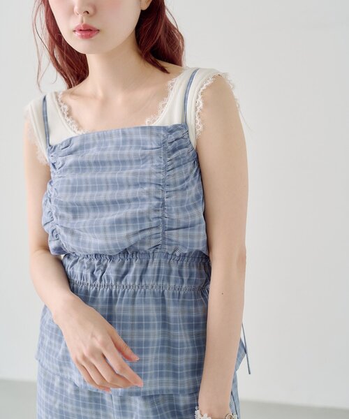 Kastane(カスタネ)の「【低身長サイズ/2サイズ展開】チェックギャザーサロペット(サロペット/オーバーオール・レディース・ブラック/サックスブルー・0/1)」の18枚目の写真