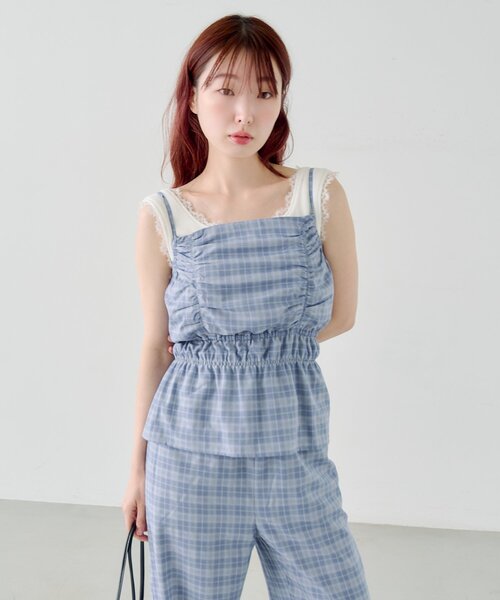 Kastane(カスタネ)の「【低身長サイズ/2サイズ展開】チェックギャザーサロペット(サロペット/オーバーオール・レディース・ブラック/サックスブルー・0/1)」の19枚目の写真