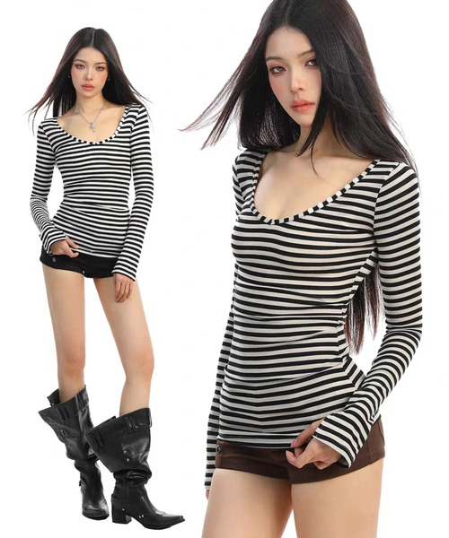 AsheKsha（アシクシャ）の「ゆったりとしたフレンチスタイルのストライプスクエアネックトップス（Tシャツ/カットソー・レディース・ブラック・M）」の2枚目の写真