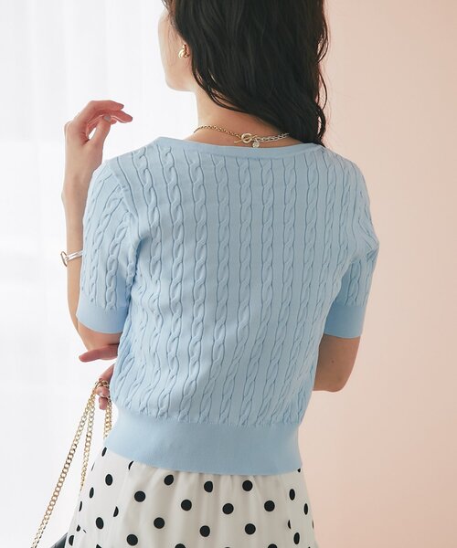 La boutique BonBon（ラブティックボンボン）の「【シリーズ累計お気に入り数1.5万突破！接触冷感・UVカット】クールタッチケーブル半袖ニットカーディガン（ニット/セーター・レディース・ネイビー/ホワイト/サックスブルー/ホワイト系その他2・FREE）」の8枚目の写真