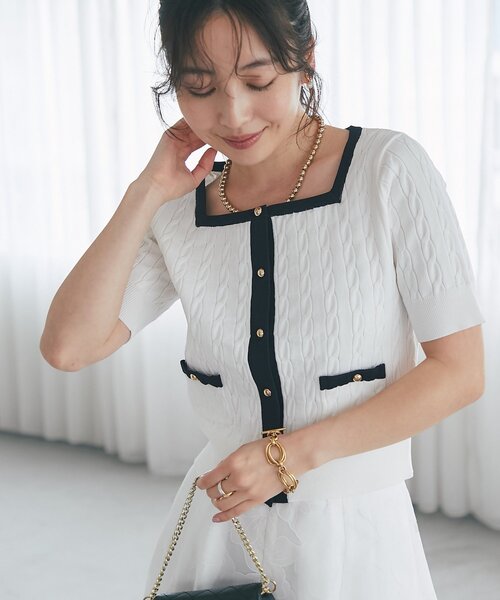 La boutique BonBon（ラブティックボンボン）の「【シリーズ累計お気に入り数1.5万突破！接触冷感・UVカット】クールタッチケーブル半袖ニットカーディガン（ニット/セーター・レディース・ネイビー/ホワイト/サックスブルー/ホワイト系その他2・FREE）」の17枚目の写真