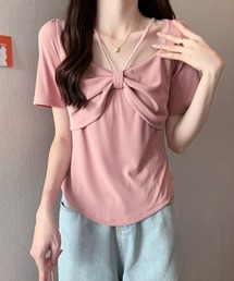 フロントリボン ストラップデザイン コンパクトTシャツ 大人 きれいめカジュアル オフィスカジュアル レディース韓国風