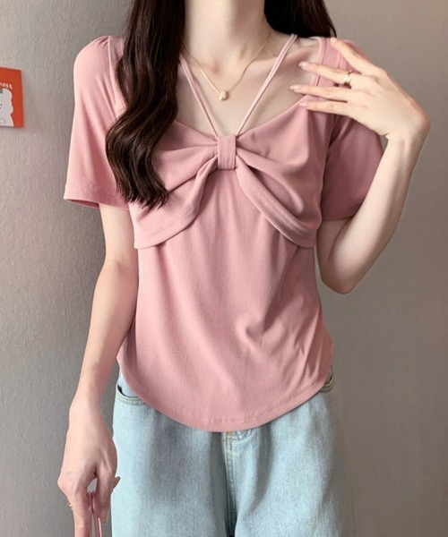 SEU(エスイーユー)の「フロントリボン ストラップデザイン コンパクトTシャツ 大人 きれいめカジュアル オフィスカジュアル レディース韓国風(ニット/セーター・レディース・ホワイト/ピンク/ブラック・フリー)」の1枚目の写真
