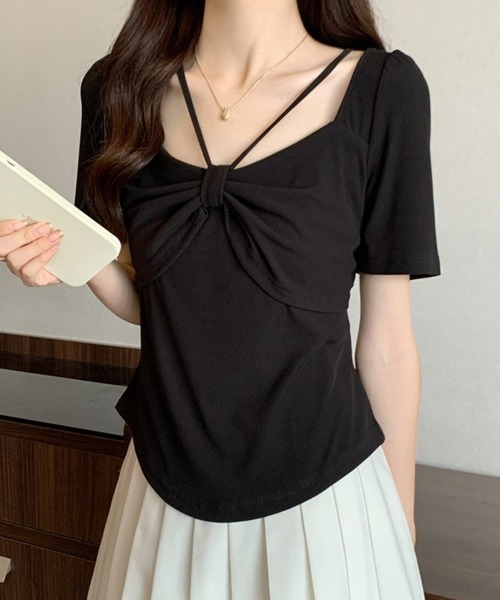 SEU(エスイーユー)の「フロントリボン ストラップデザイン コンパクトTシャツ 大人 きれいめカジュアル オフィスカジュアル レディース韓国風(ニット/セーター・レディース・ホワイト/ピンク/ブラック・フリー)」の3枚目の写真
