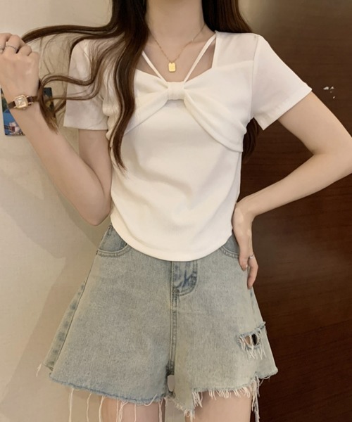SEU(エスイーユー)の「フロントリボン ストラップデザイン コンパクトTシャツ 大人 きれいめカジュアル オフィスカジュアル レディース韓国風(ニット/セーター・レディース・ホワイト/ピンク/ブラック・フリー)」の6枚目の写真