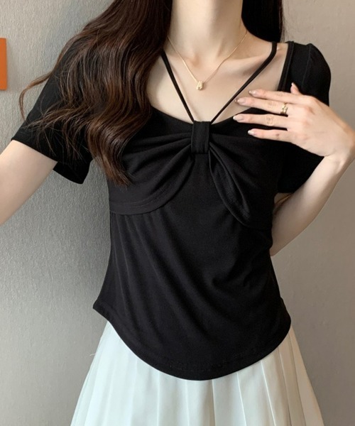 SEU(エスイーユー)の「フロントリボン ストラップデザイン コンパクトTシャツ 大人 きれいめカジュアル オフィスカジュアル レディース韓国風(ニット/セーター・レディース・ホワイト/ピンク/ブラック・フリー)」の14枚目の写真