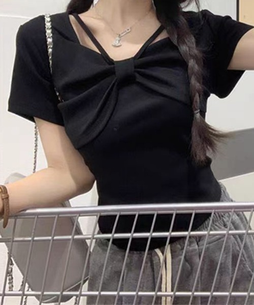 SEU(エスイーユー)の「フロントリボン ストラップデザイン コンパクトTシャツ 大人 きれいめカジュアル オフィスカジュアル レディース韓国風(ニット/セーター・レディース・ホワイト/ピンク/ブラック・フリー)」の17枚目の写真