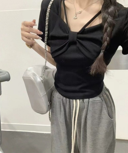 SEU(エスイーユー)の「フロントリボン ストラップデザイン コンパクトTシャツ 大人 きれいめカジュアル オフィスカジュアル レディース韓国風(ニット/セーター・レディース・ホワイト/ピンク/ブラック・フリー)」の18枚目の写真