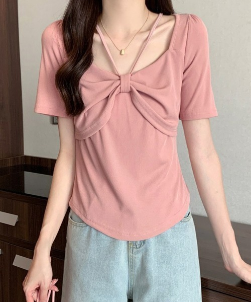 SEU(エスイーユー)の「フロントリボン ストラップデザイン コンパクトTシャツ 大人 きれいめカジュアル オフィスカジュアル レディース韓国風(ニット/セーター・レディース・ホワイト/ピンク/ブラック・フリー)」の20枚目の写真