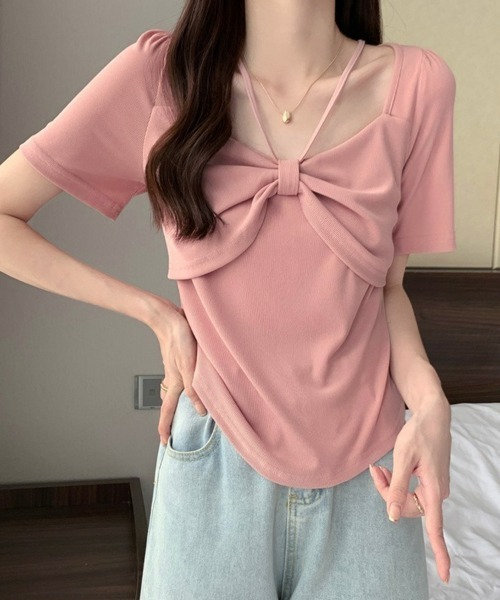 SEU(エスイーユー)の「フロントリボン ストラップデザイン コンパクトTシャツ 大人 きれいめカジュアル オフィスカジュアル レディース韓国風(ニット/セーター・レディース・ホワイト/ピンク/ブラック・フリー)」の21枚目の写真