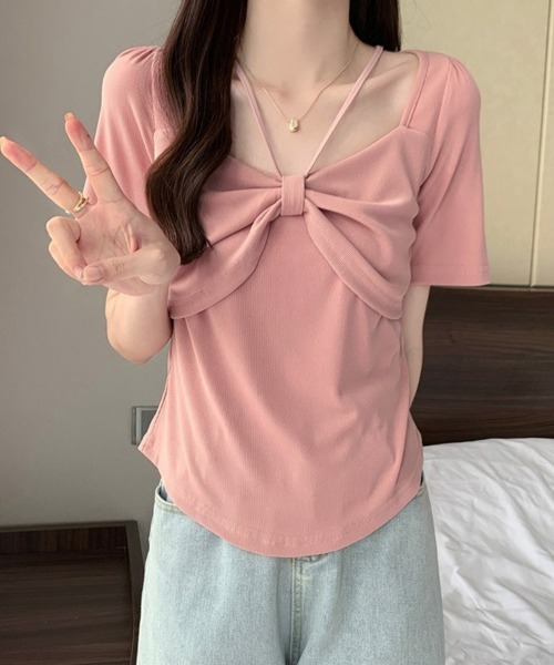 SEU(エスイーユー)の「フロントリボン ストラップデザイン コンパクトTシャツ 大人 きれいめカジュアル オフィスカジュアル レディース韓国風(ニット/セーター・レディース・ホワイト/ピンク/ブラック・フリー)」の22枚目の写真