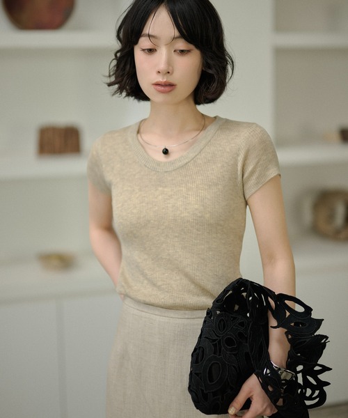 LAULEN（ローレン）の「french sleeve soft rib tops /ソフトリブフレンチスリーブトップス（Tシャツ/カットソー・レディース・オートミール/ミント/チャコールグレー/アイボリー/ブラック・FREE）」の4枚目の写真