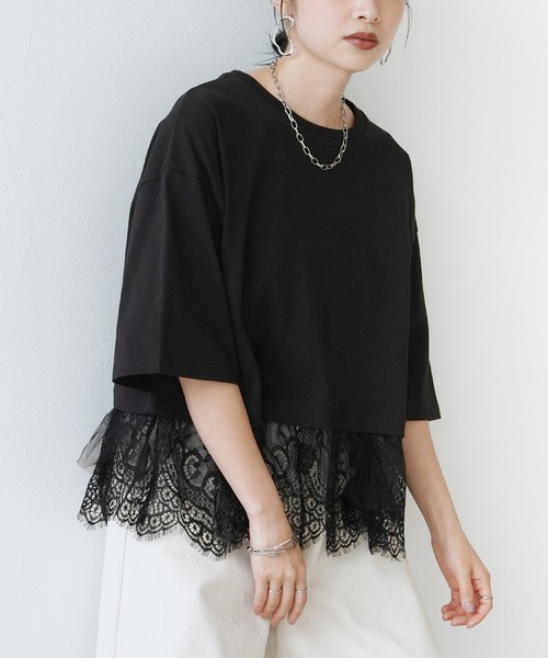Yeoun(ヨウン)の「裾レースTシャツ(Tシャツ/カットソー・レディース・ブラック/オフホワイト・FREE)」の3枚目の写真