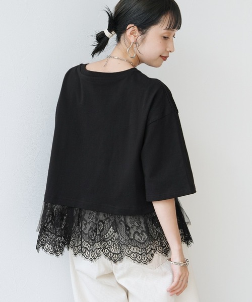 Yeoun(ヨウン)の「裾レースTシャツ(Tシャツ/カットソー・レディース・ブラック/オフホワイト・FREE)」の5枚目の写真