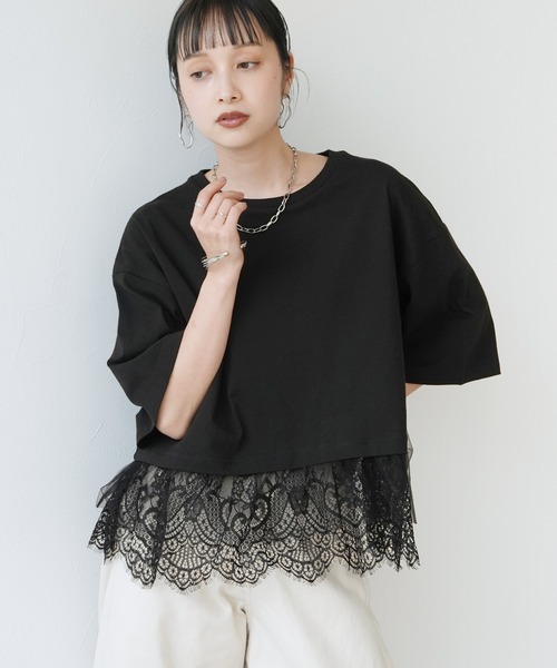 Yeoun(ヨウン)の「裾レースTシャツ(Tシャツ/カットソー・レディース・ブラック/オフホワイト・FREE)」の8枚目の写真