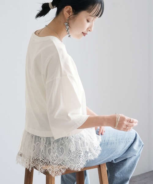 Yeoun(ヨウン)の「裾レースTシャツ(Tシャツ/カットソー・レディース・ブラック/オフホワイト・FREE)」の12枚目の写真