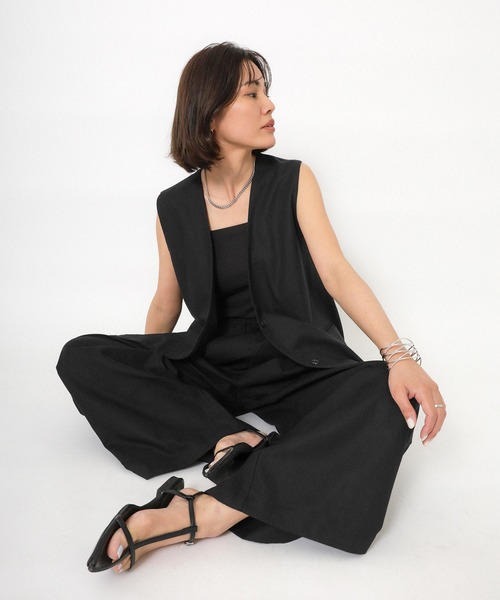 セール】フレンチリネンノーカラーベスト×ワイドパンツ セットアップ