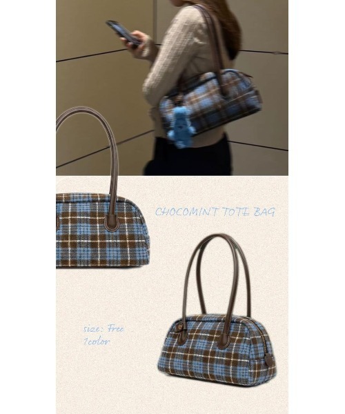 BLUE×PALANG（ブルーパラン）の「【秋/チェック柄】CHOCOMINT TOTE BAG/チョコミントトートバッグ（ハンドバッグ・レディース・ブルー/ブラウン/ミント・FREE）」の14枚目の写真