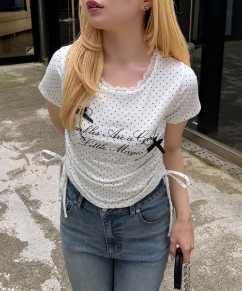 continuer de NICE CLAUP(コンティニューデナイスクラップ)の「リボンロゴチビT(Tシャツ/カットソー・レディース・オフホワイト/ブラック/ドット/ピンク・FREE)」の2枚目の写真