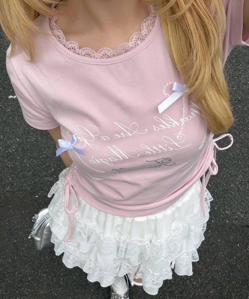 continuer de NICE CLAUP(コンティニューデナイスクラップ)の「リボンロゴチビT(Tシャツ/カットソー・レディース・オフホワイト/ブラック/ドット/ピンク・FREE)」の1枚目の写真
