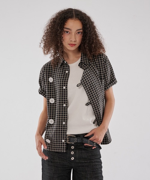 WISH FOR EVER(ウィッシュフォーエバー)の「ASYMMETRY BIG BUTTON SHIRT/アシンメトリービッグボタンシャツ(シャツ/ブラウス・メンズ・ネイビー/ブラック/パープル・SMALL/MEDIUM/LARGE)」の1枚目の写真